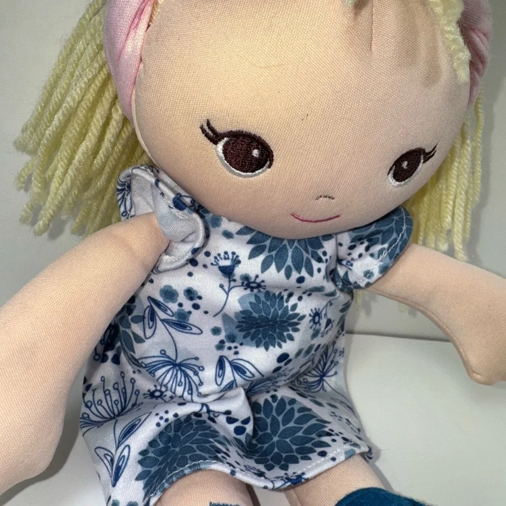 GUND Baby Toddler Doll Plush Blonde, blue floral Dress, 8